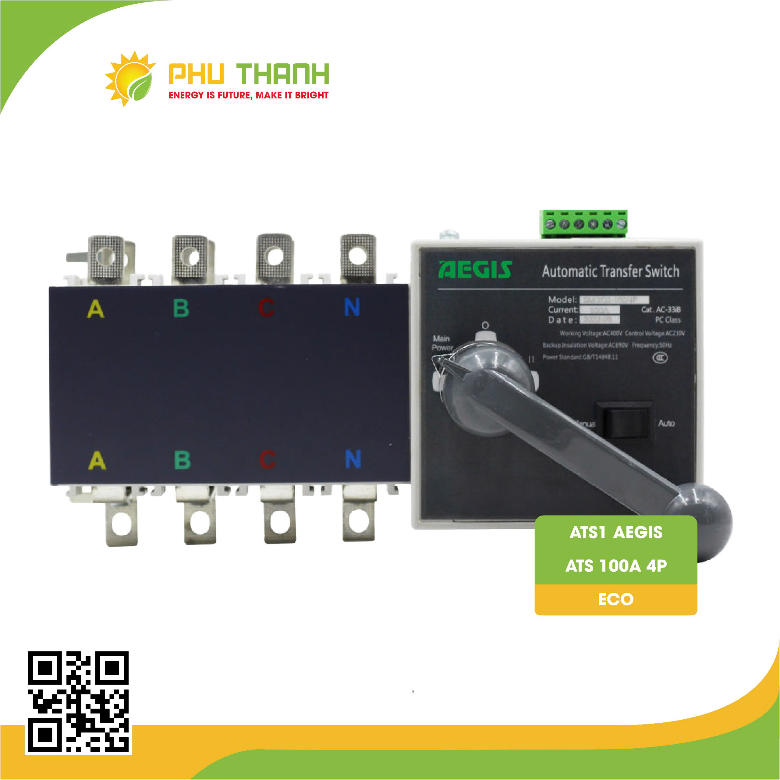 ATS Chuyển Chậm, dạng khối ATS 100A 4P loại ECO - ATS1 AEGIS ATS Chuyển Chậm, dạng khối ATS 100A 4P loại ECO - ATS1 AEGIS