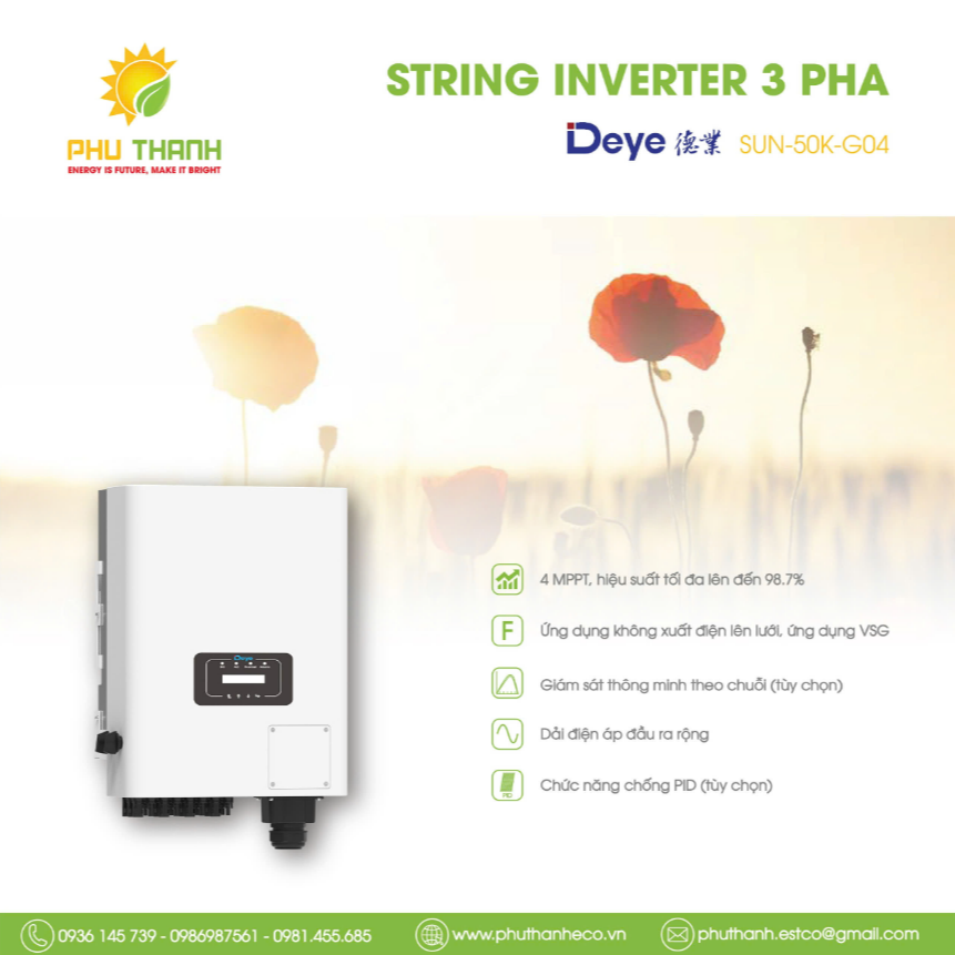 Biến tần hoà lưới bám tải DEYE 3 pha, 50 kW, 4 MMPT, model SUN-50K-G04 Biến tần hoà lưới bám tải DEYE 3 pha, 50 kW, 4 MMPT, model SUN-50K-G04