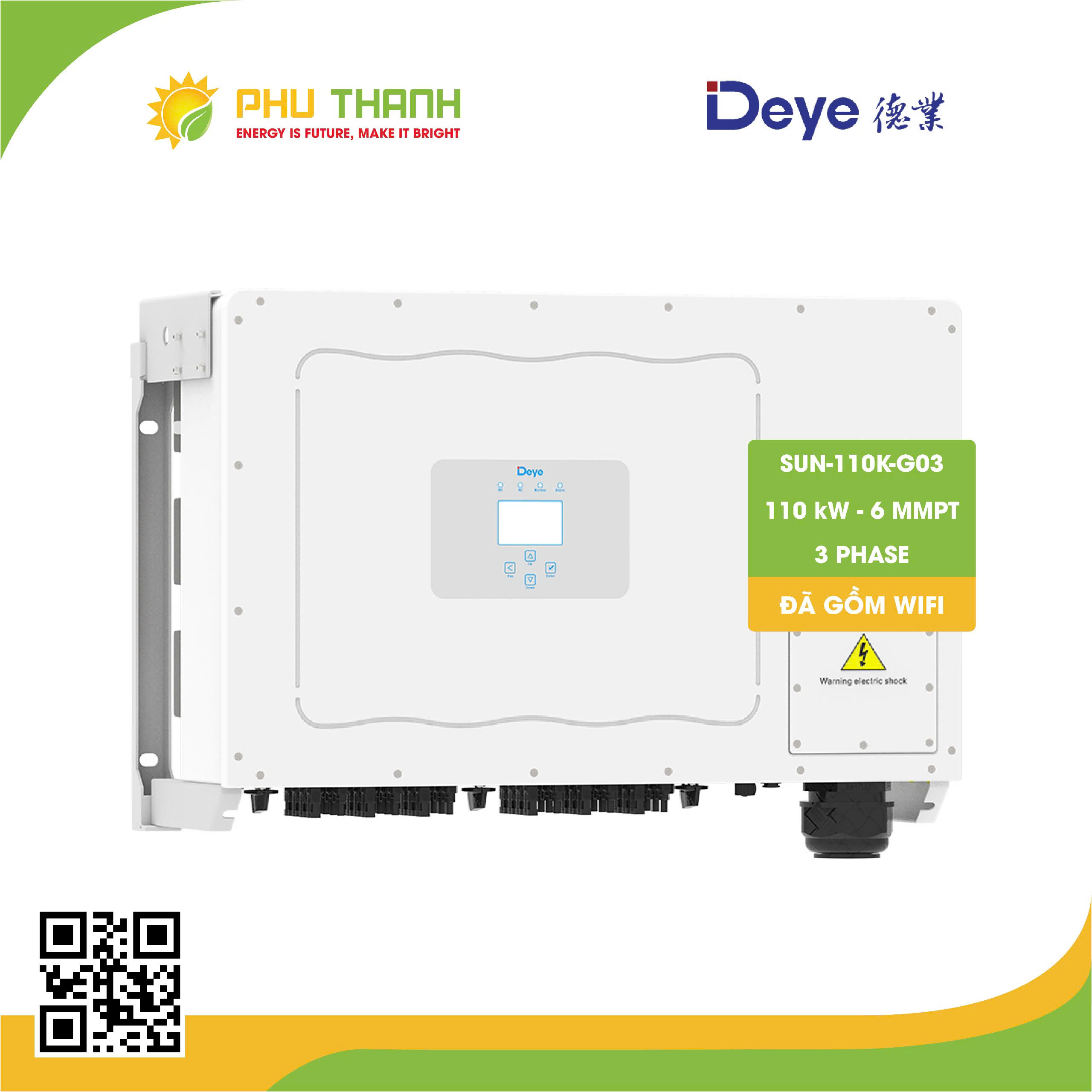 Biến tần hòa lưới bám tải DEYE 3 pha, 110 kW, 6 MMPT, model SUN-110K-G03 Biến tần hòa lưới bám tải DEYE 3 pha, 110 kW, 6 MMPT, model SUN-110K-G03