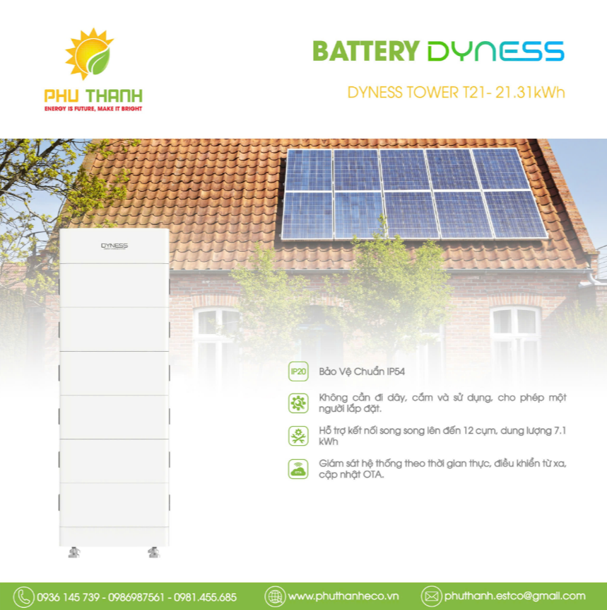 Hệ thống pin lưu trữ Năng lượng mặt trời Dyness Tower T21, công suất 21.31kWh Hệ thống pin lưu trữ Năng lượng mặt trời Dyness Tower T21, công suất 21.31kWh