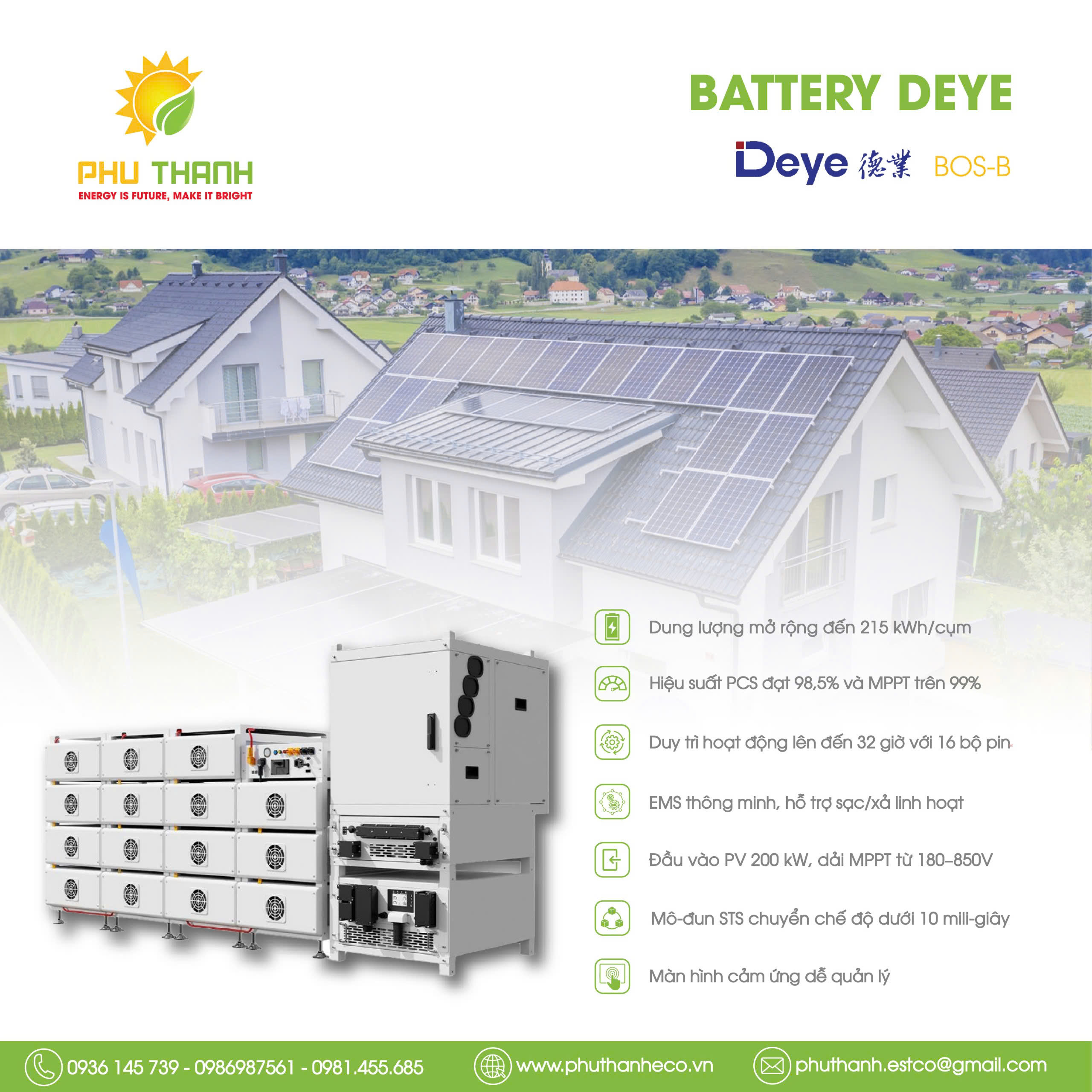 Hệ thống Pin lưu trữ Deye BOS-B 51.2V 280Ah, dung lượng 215kWh Hệ thống Pin lưu trữ Deye BOS-B 51.2V 280Ah, dung lượng 215kWh